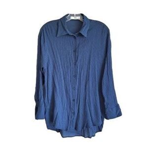 MNG Women's Long Sleeve Collared High Low Button Down Navy Blue Shirt Size 2